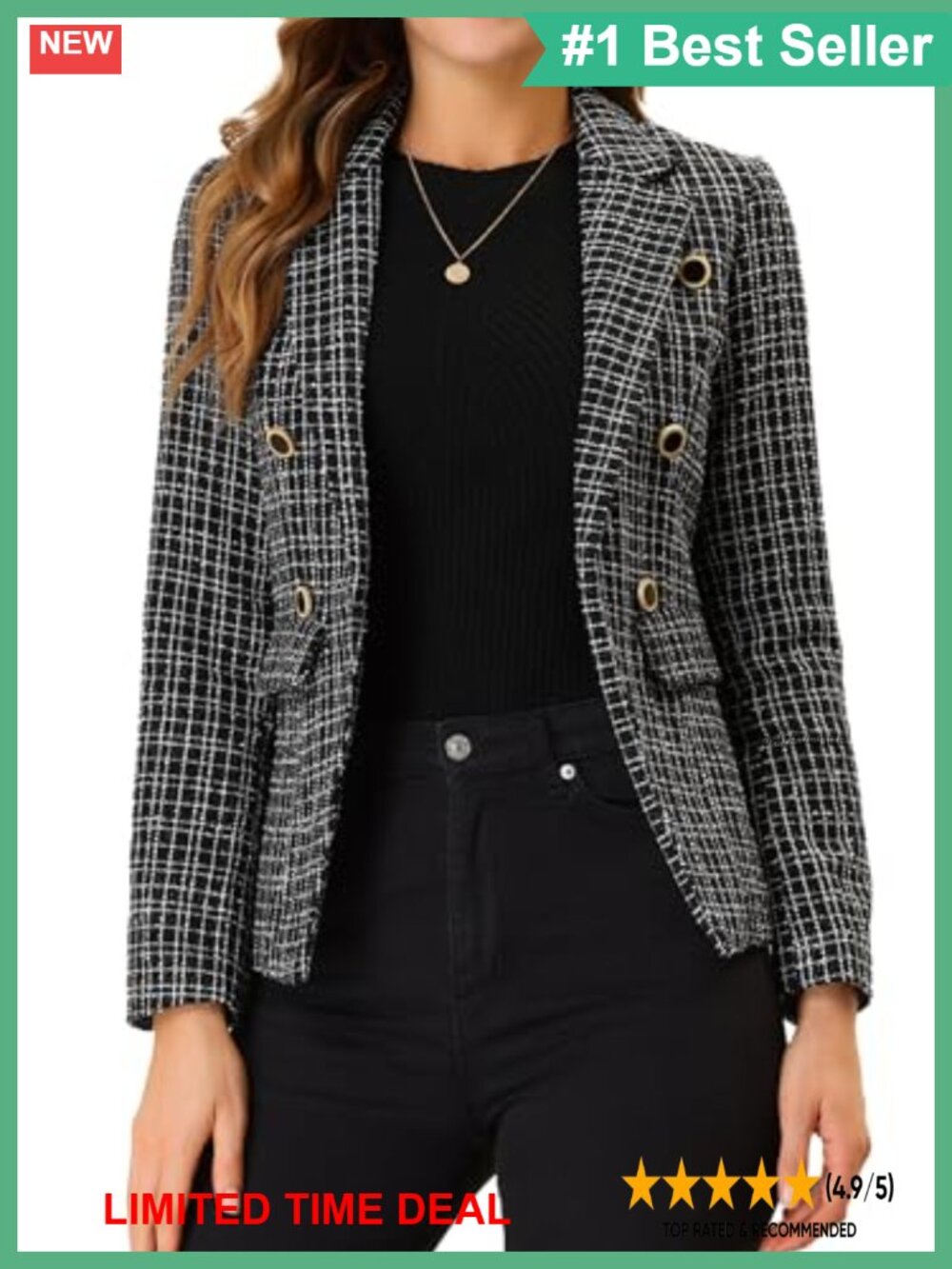 Plaid Tweed Long Sleeve Work Blazer Jacket